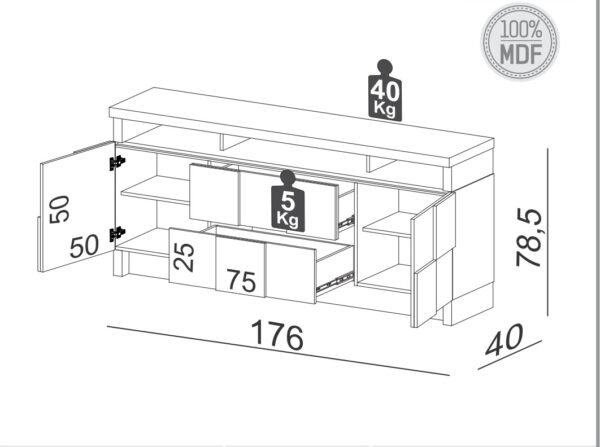 BUFFET 176 CM CUADRICULADO 3D- BLANCO HUESO/ ESPEJO - Imagen 2