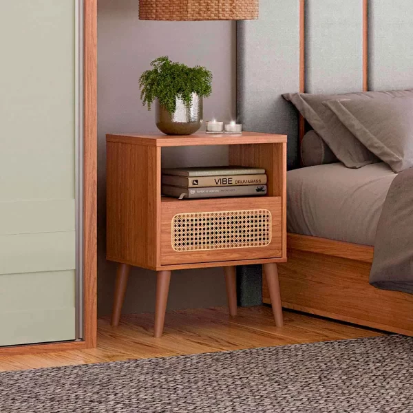 MESA DE NOCHE CON TELA NATURAL C/01 CAJON- FREIJO