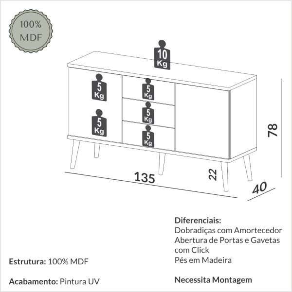 BUFFET 135CM C/02 PUERTAS - FREIJO/OFF WHITE - Imagen 2