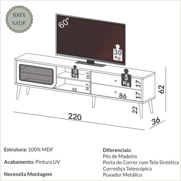 RACK 220CM C/02 CAJONES + 02 PUERTAS CORREDIZAS - FREIJO / T - Imagen 2