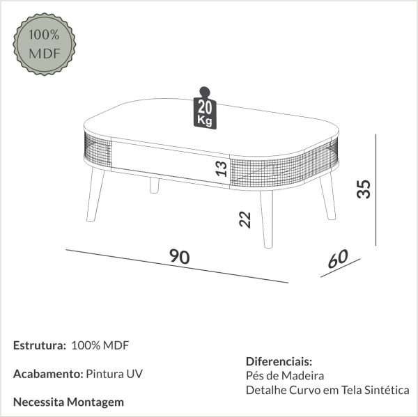 MESA DE CENTRO 90CM - FREIJO / TELA SINTETICA - Imagen 2