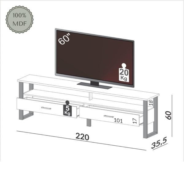 RACK INDUSTRIAL 220CM C/2 CAJONES- FREIJO/ NEGRO - Imagen 2